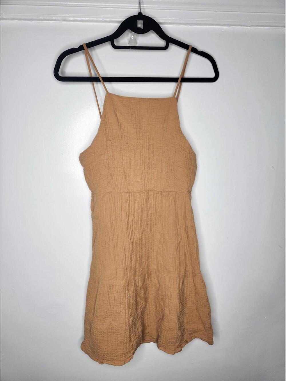 Zara Dress Womens Large Beige Crinkle Square Neck Tie Back Sundress Summer Mini